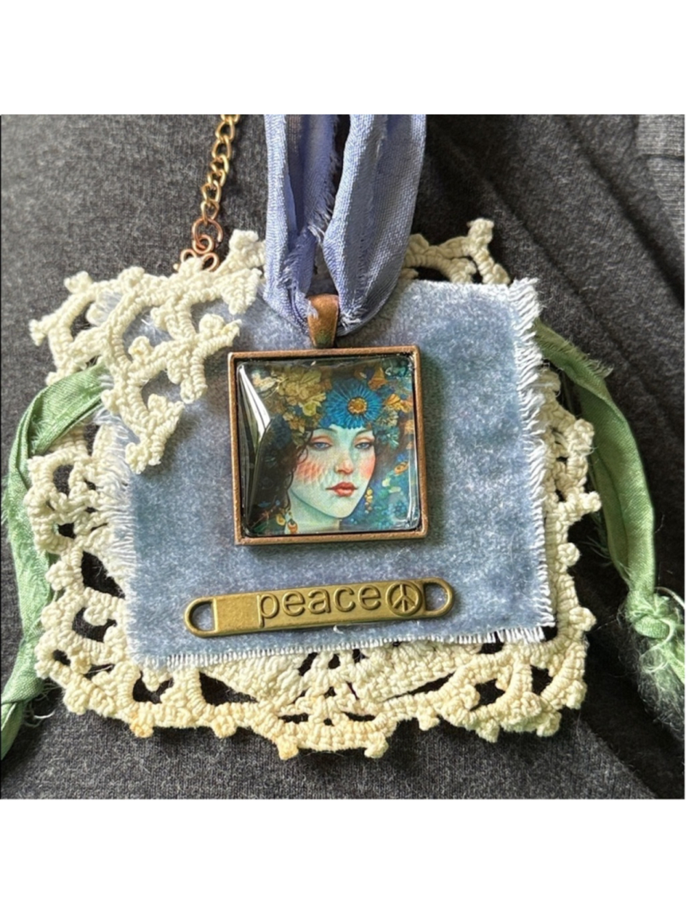 Handmade Mixed Media Textile Pendant Necklace Boho Wearable Art